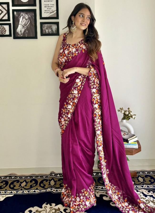 Vichitra Silk Magenta Traditional Wear Sequins Work Saree